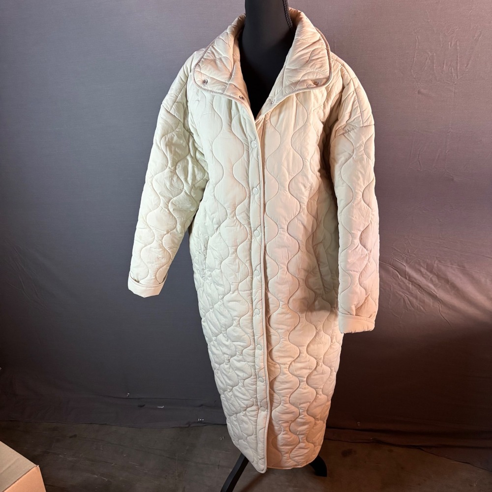 Amuse Society Quilted Long Puffer Coat Beige Collar Button Down Pockets Size M